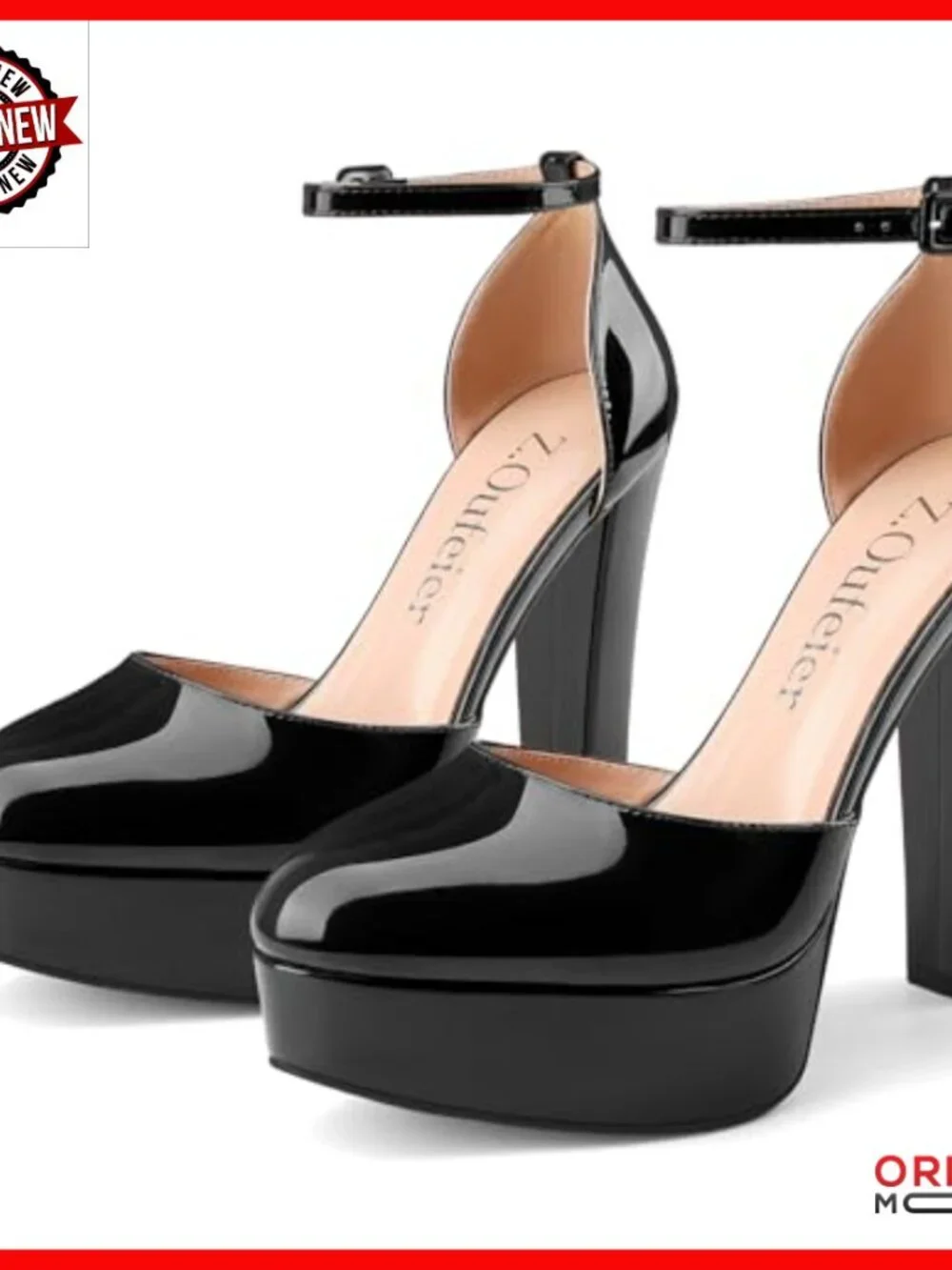Platform Chunky Heels Patent Leather Ankle Strap 5 Inch Block Heel Pumps